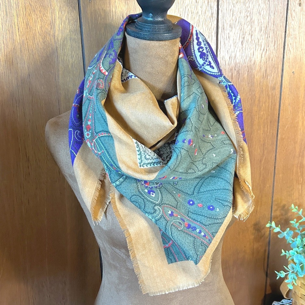 Vintage Express Square Scarf with Brown, Blue & Maroon Pattern‎